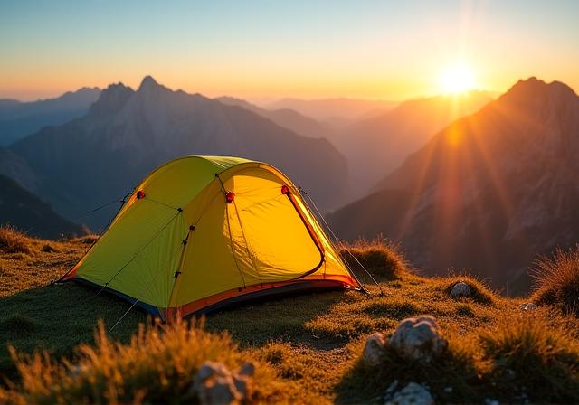 Tenda da campeggio montata su una cresta dell'Appennino al tramonto